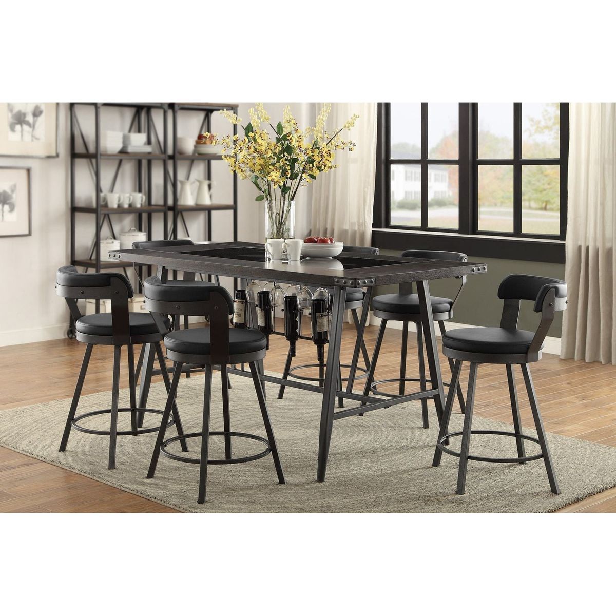 Metal Base 24-inch Counter Height Chairs Set of 2pc Black Seat 360-degree Swivel Faux Leather Upholstered Dining Furniture