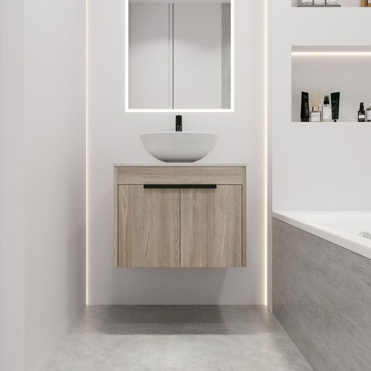 24" Modern Design Float Bathroom Vanity With Ceramic Basin Set, Wall Mounted White Oak Vanity With Soft Close Door, KD-PackingD-Packing Pieces