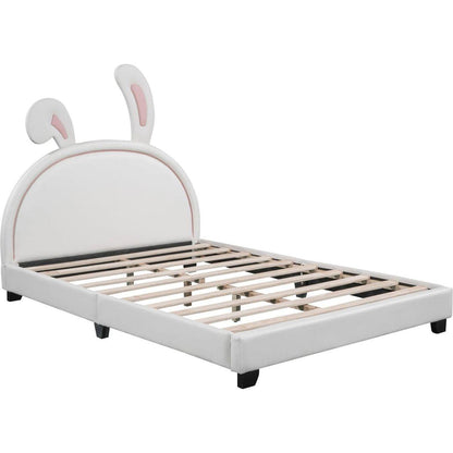 Full Size Upholstered Leather Platform Bed with Rabbit Ornament, White