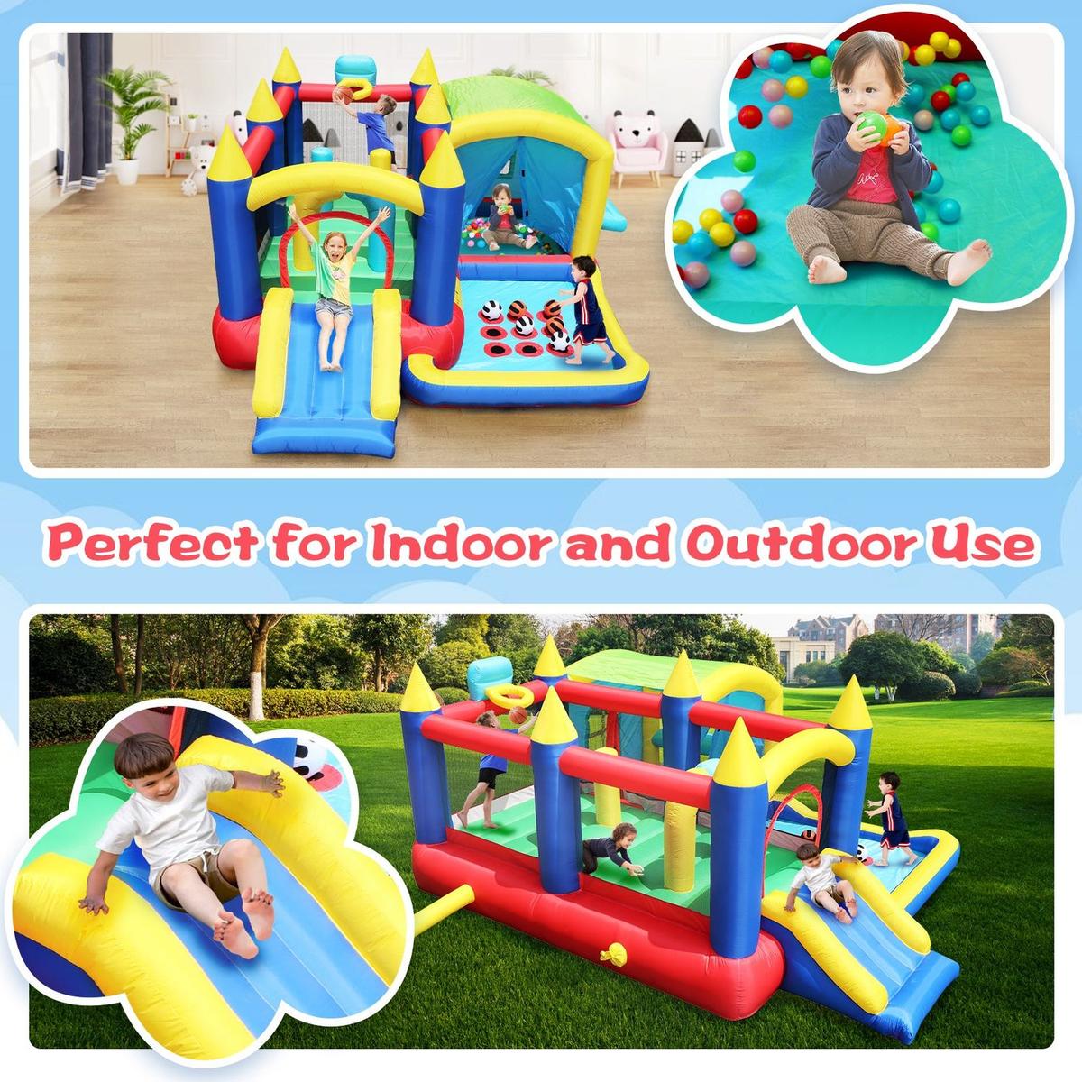 7 in 1 Inflatable Bounce House, Bouncy House with Ball Pit for Kids Indoor Outdoor Party Family Fun, Obstacles, Toddler Jump Bouncy Castle with Ball Pit for Birthday Party Gifts - Streamdale Furniture