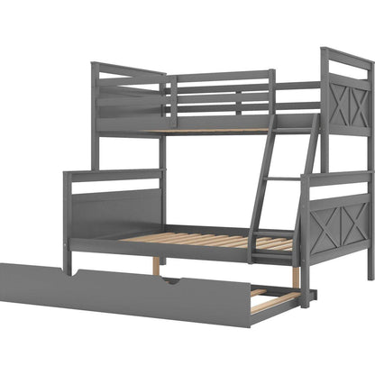 Twin over Full Bunk Bed with Ladder, Twin Size Trundle, Safety Guardrail, Gray