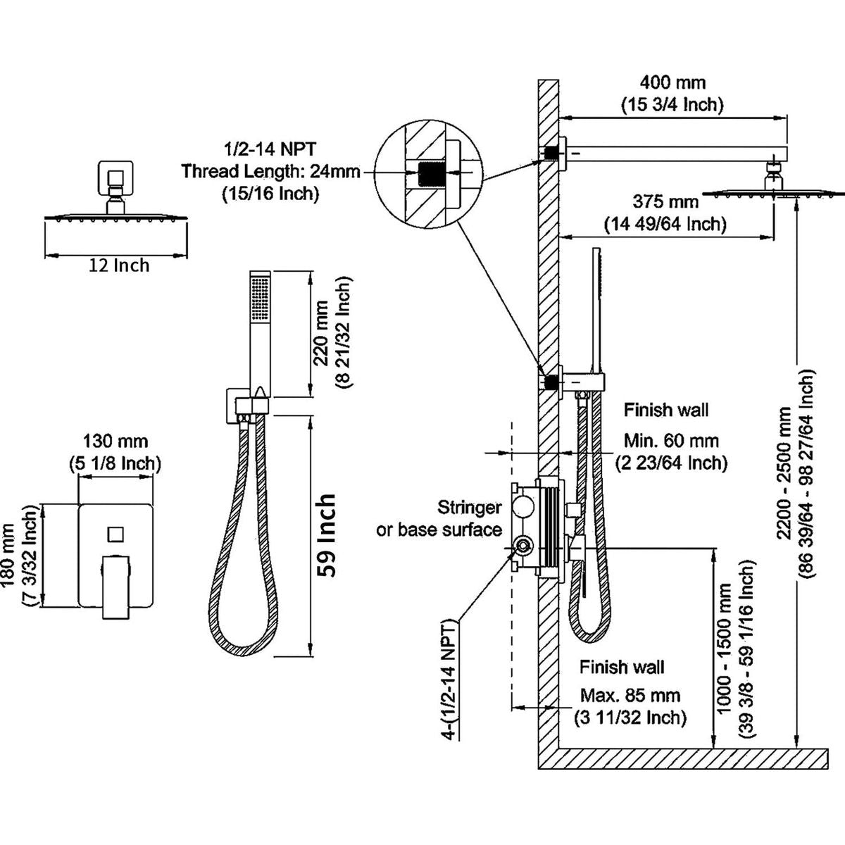 Shower System Shower Faucet Combo Set Wall Mounted with 12" Rainfall Shower Head and handheld shower faucet, Chrome Finish with Brass Valve Rough-In