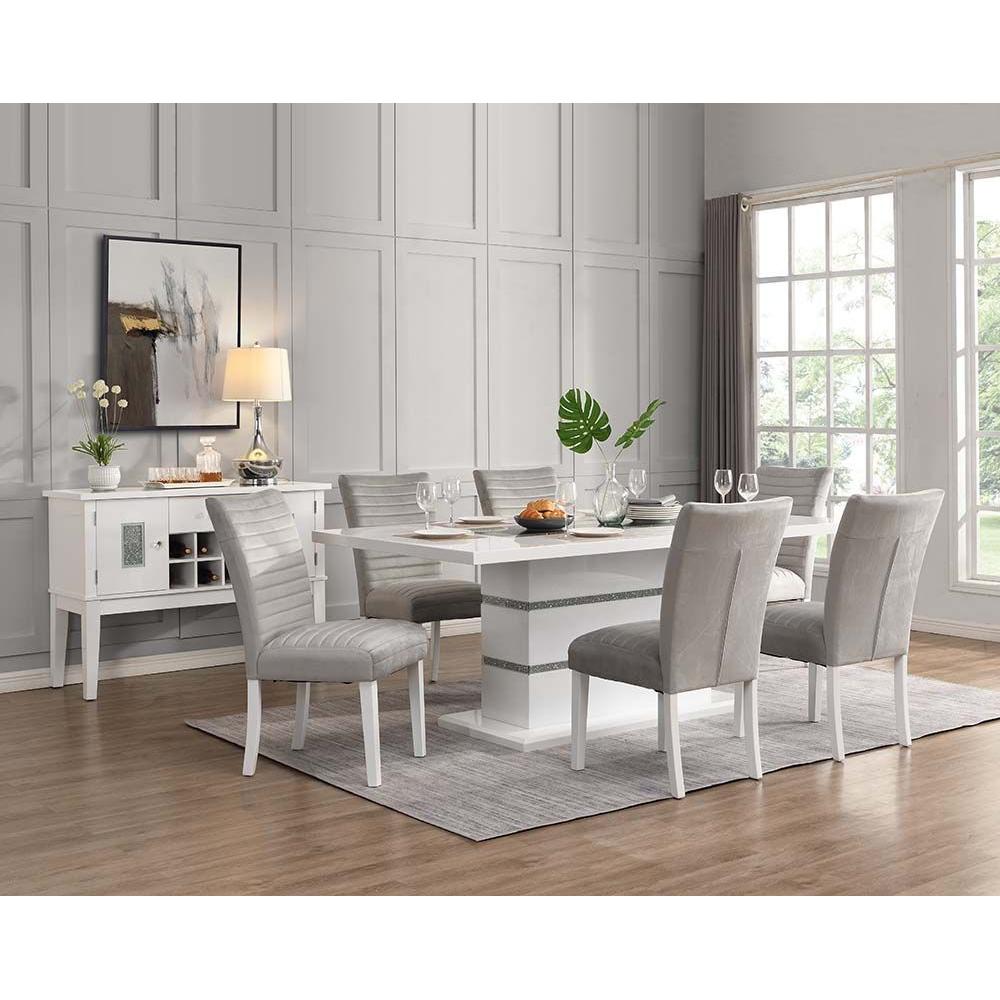 Elizaveta Side Chair (Set-2), Gray Velvet, Faux Crystal Diamonds &White High Gloss Finish