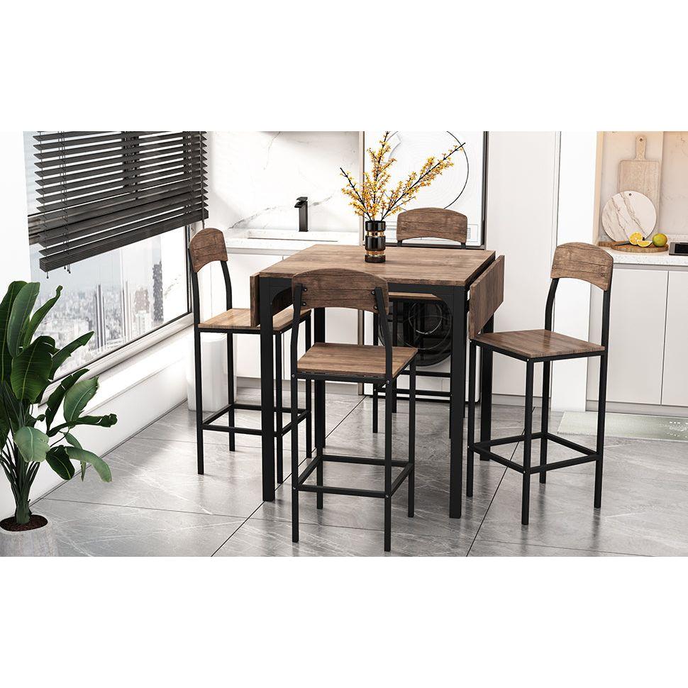 Farmhouse 5-piece Counter Height Drop Leaf Dining Table Set with Dining Chairs for 4, Black Frame+Brown Tabletop