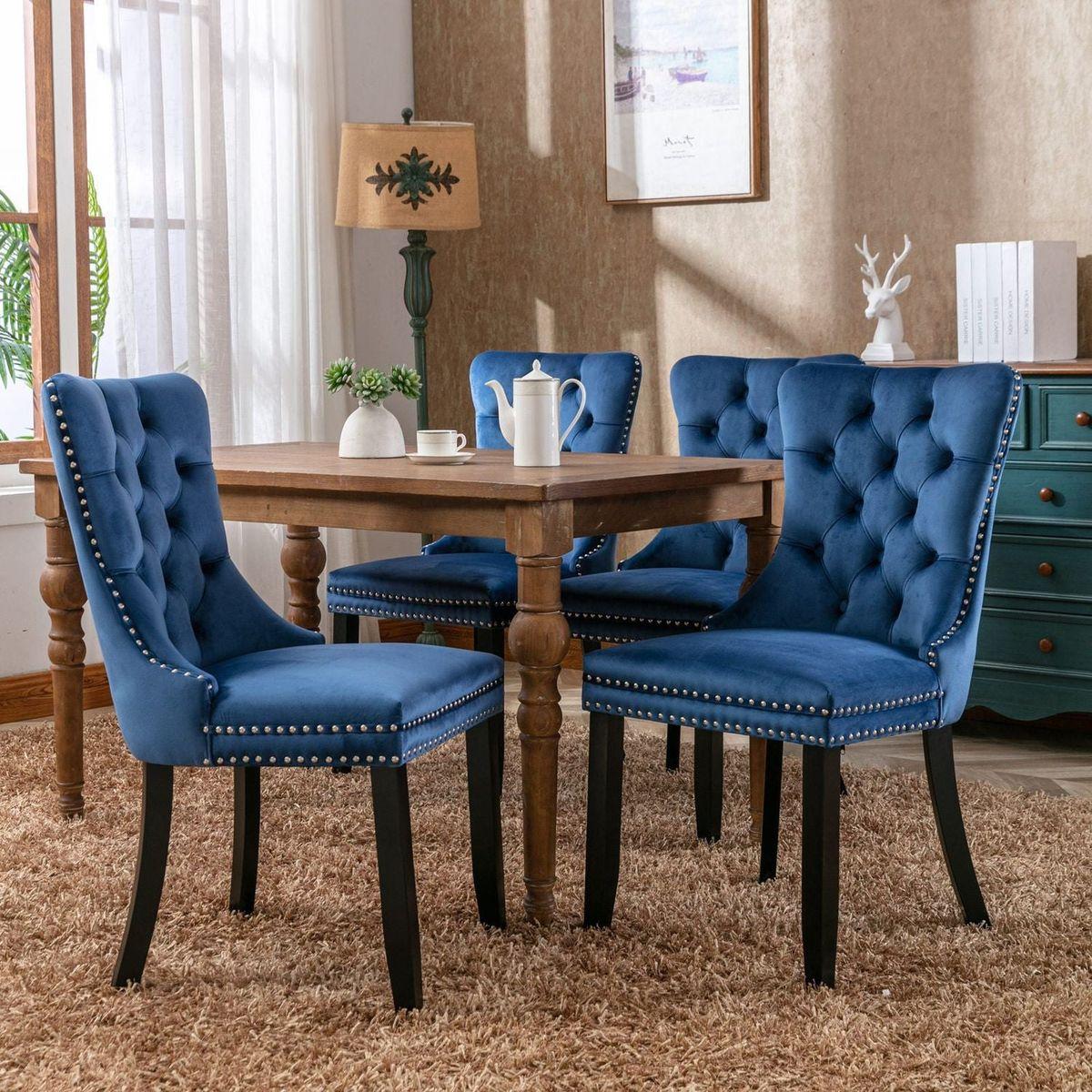 Nikki Collection Modern, High-end Tufted Solid Wood Contemporary Velvet Upholstered Dining Chair with Wood Legs Nailhead Trim 2-Pcs Set,Blue