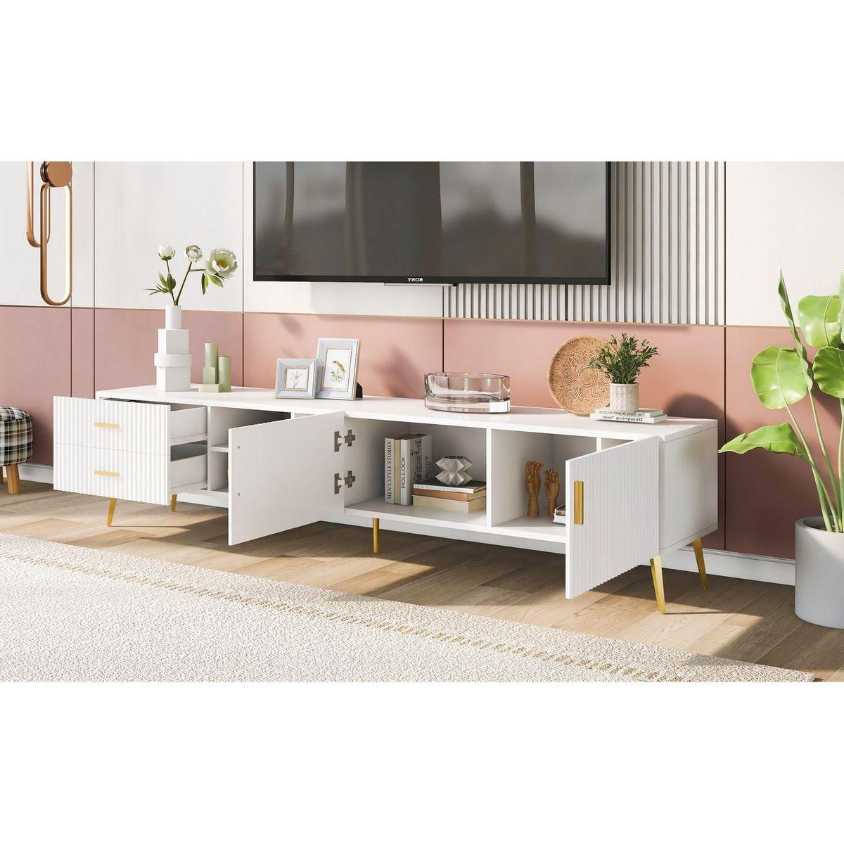 Modern TV Stand with 5 Champagne legs - Durable, stylish, spacious, versatile storage TVS up to 77" (White)