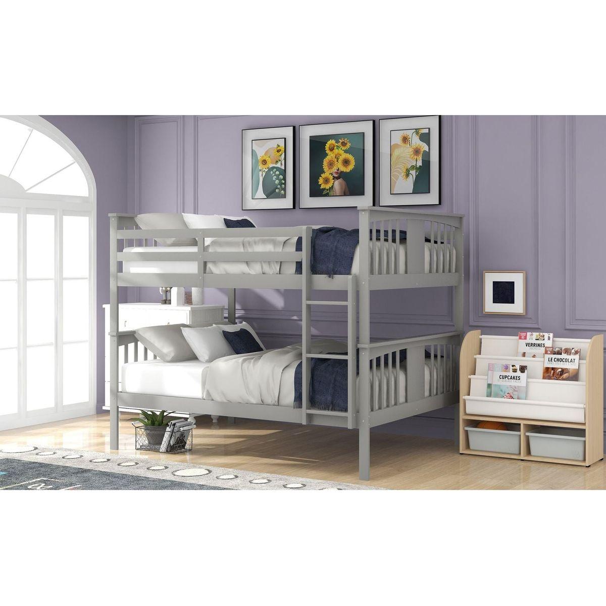 Full over Full Bunk Bed with Ladder for Bedroom, Guest Room Furniture-Gray