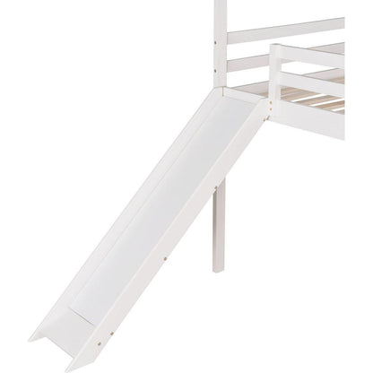 Twin Loft Bed with Slide, House Bed with Slide, White