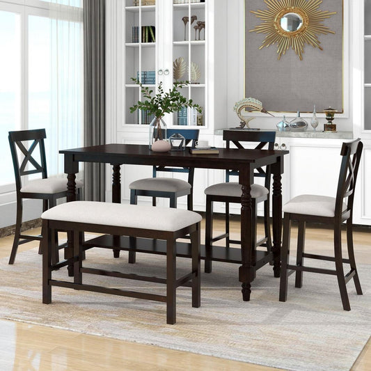 6-Piece Counter Height Dining Table Set Table with Shelf 4 Chairs and Bench for Dining Room (Espresso)