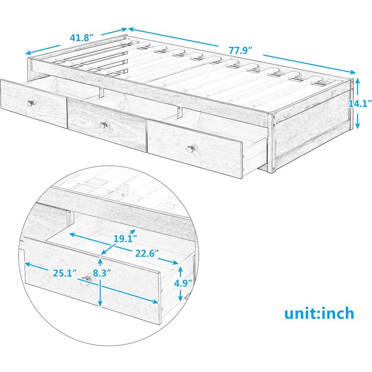 Twin Size Platform Storage Bed with 3 Drawers