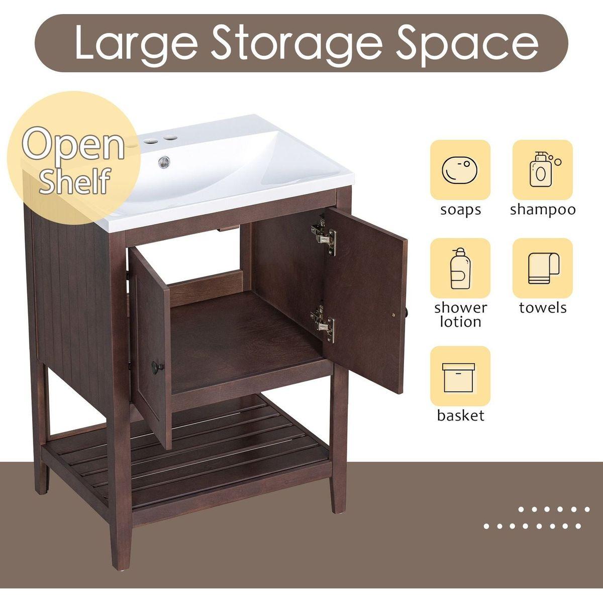 24" Brown Modern Sleek Bathroom Vanity Elegant Ceramic Sink with Solid Wood Frame Open Style Shelf