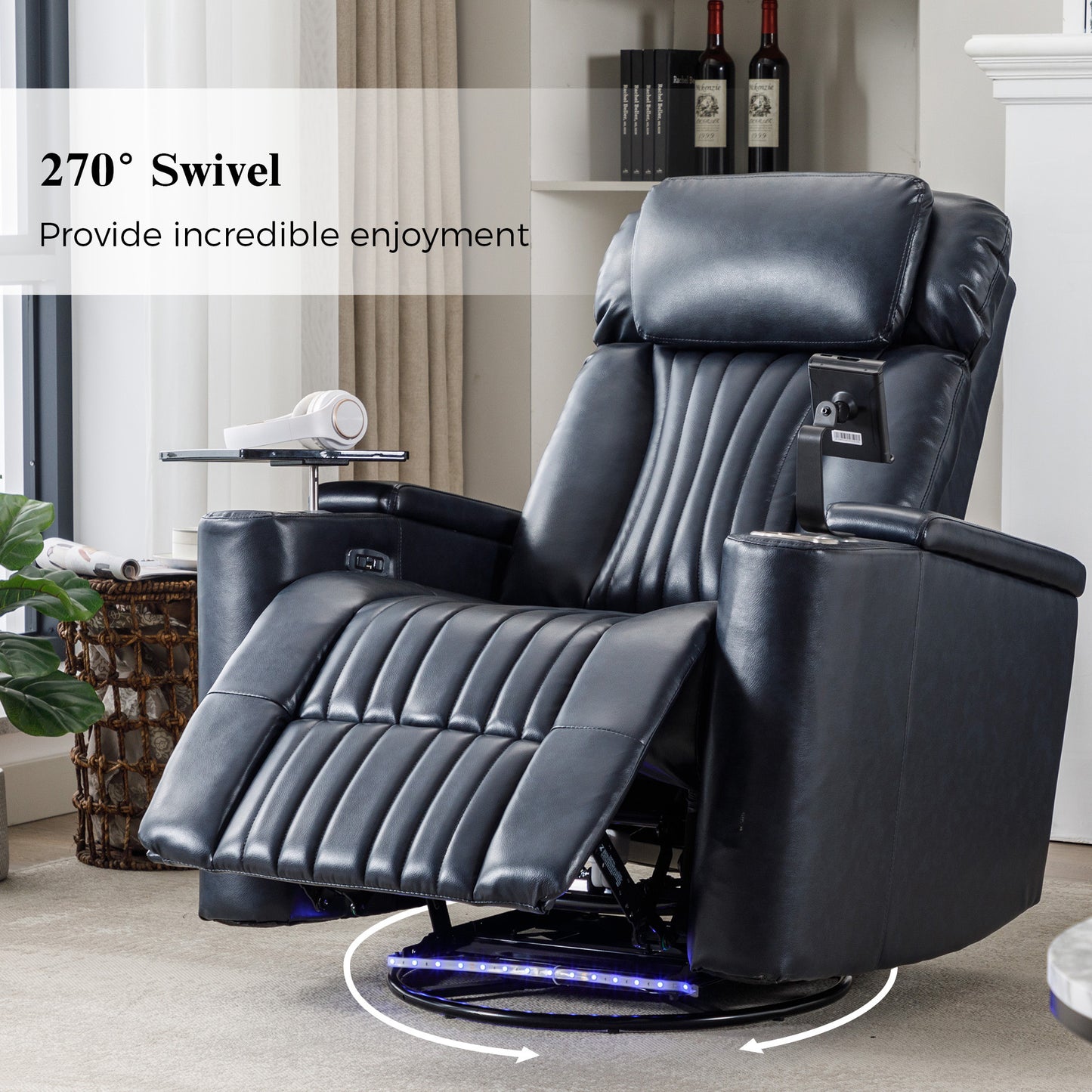 270 degree Power Swivel Recliner, Home Theater Seating With Hidden Arm Storage and LED Light Strip, Cup Holder, 360 degree Swivel Tray Table, and Cell Phone Holder, Soft Living Room Chair, Blue