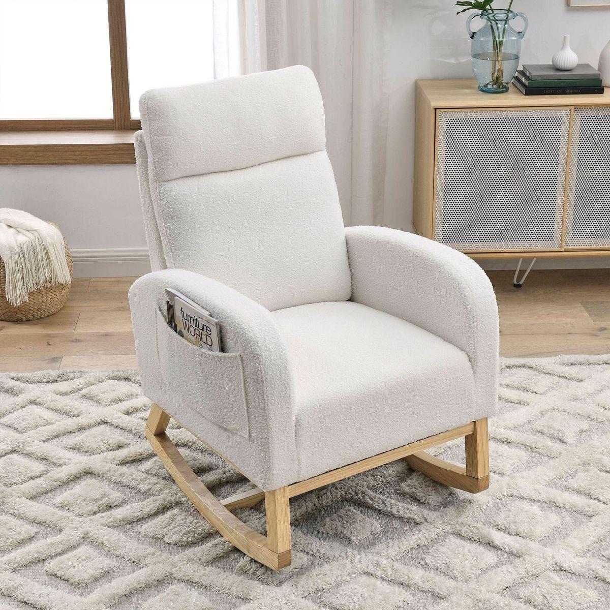 27.6"W Modern Accent High Backrest Living Room Lounge Arm Rocking Chair, Two Side Pocket, Teddy White (Ivory)