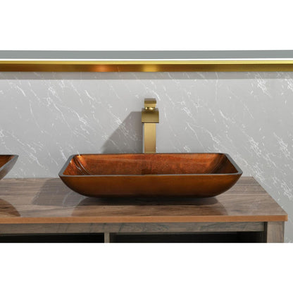 22.5" L -L -14.5" W -4 1/2 in. Handmade Glass Rectangle Vessel Bathroom Sink Set in Rich Chocolate Brown Finish with gold Faucet and gold Pop Up Drain