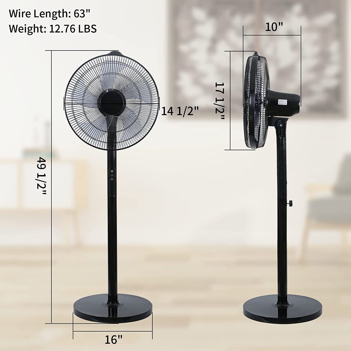 14.5" Adjustable 12 Levels Speed Pedestal Stand Fan with Remote Control for Indoor, Home, Office and College Dorm Use, 90 Degree Horizontal Oscillating, 9 Hours Timer, 14.5 Inch, Black