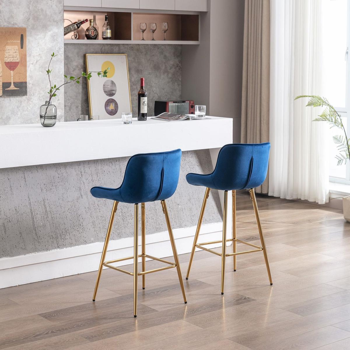 26 Inch Set of 2 Bar Stools, with Steel Frame Footrest Velvet Fabric Golden Leg Simple Bar Stool, BLUE