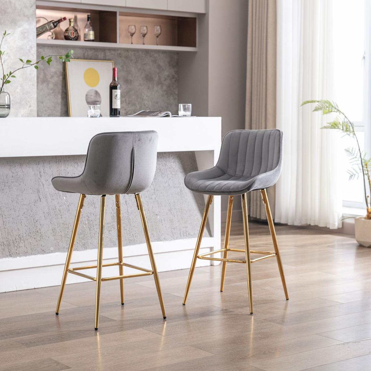 26 Inch Set of 2 Bar Stools, with Chrome Footrest Velvet Fabric Counter Stool Golden Leg Simple Bar Stool, GRAY