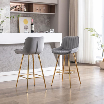 26 Inch Set of 2 Bar Stools, with Chrome Footrest Velvet Fabric Counter Stool Golden Leg Simple Bar Stool, GRAY