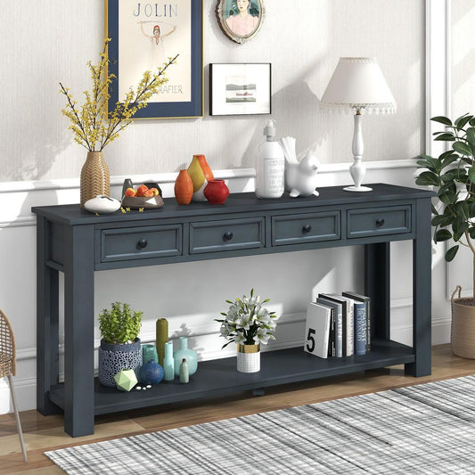 Console Table/Sofa Table with Storage Drawers and Bottom Shelf for Entryway Hallway (Navy) - Streamdale Furniture