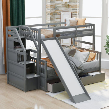 Twin over Full Bunk Bed with Drawers, Storage and Slide, Multifunction, Gray