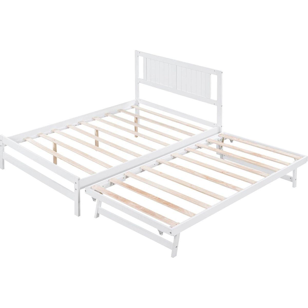 Full Size Platform Bed with Adjustable Trundle, White