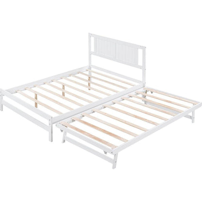 Full Size Platform Bed with Adjustable Trundle, White