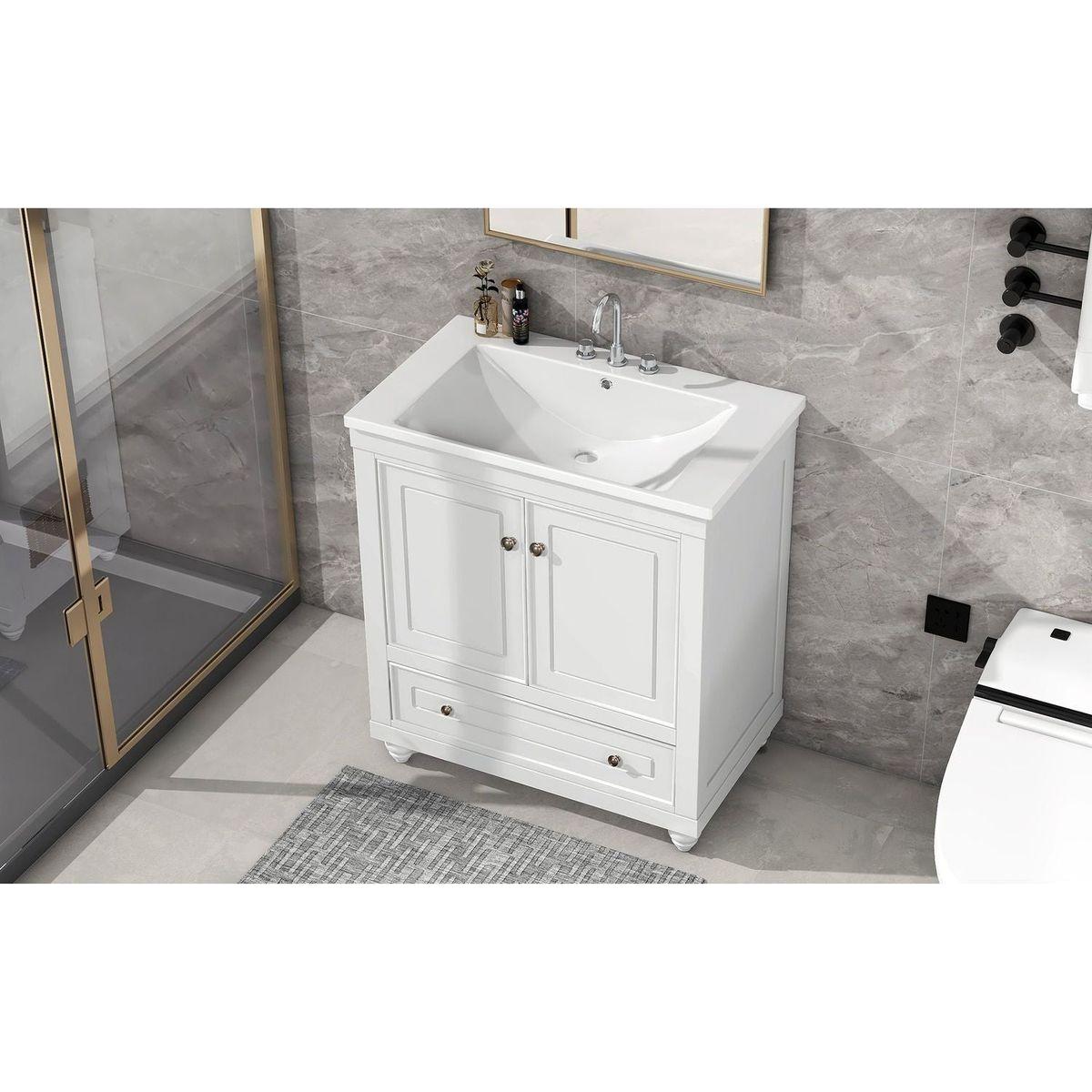 30" Bathroom Vanity with Sink, Combo, Cabinet with Doors and Drawer, Solid Frame and MDF Board, White