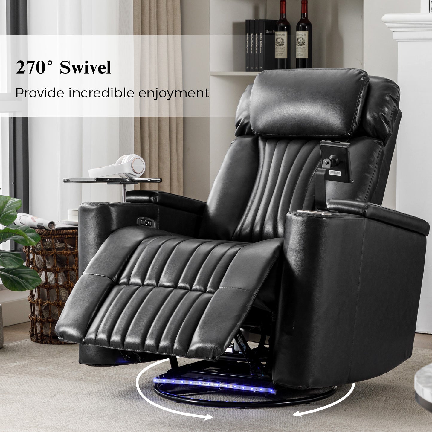 270 degree Power Swivel Recliner, Home Theater Seating With Hidden Arm Storage and LED Light Strip, Cup Holder, 360 degree Swivel Tray Table, and Cell Phone Holder, Soft Living Room Chair, Black