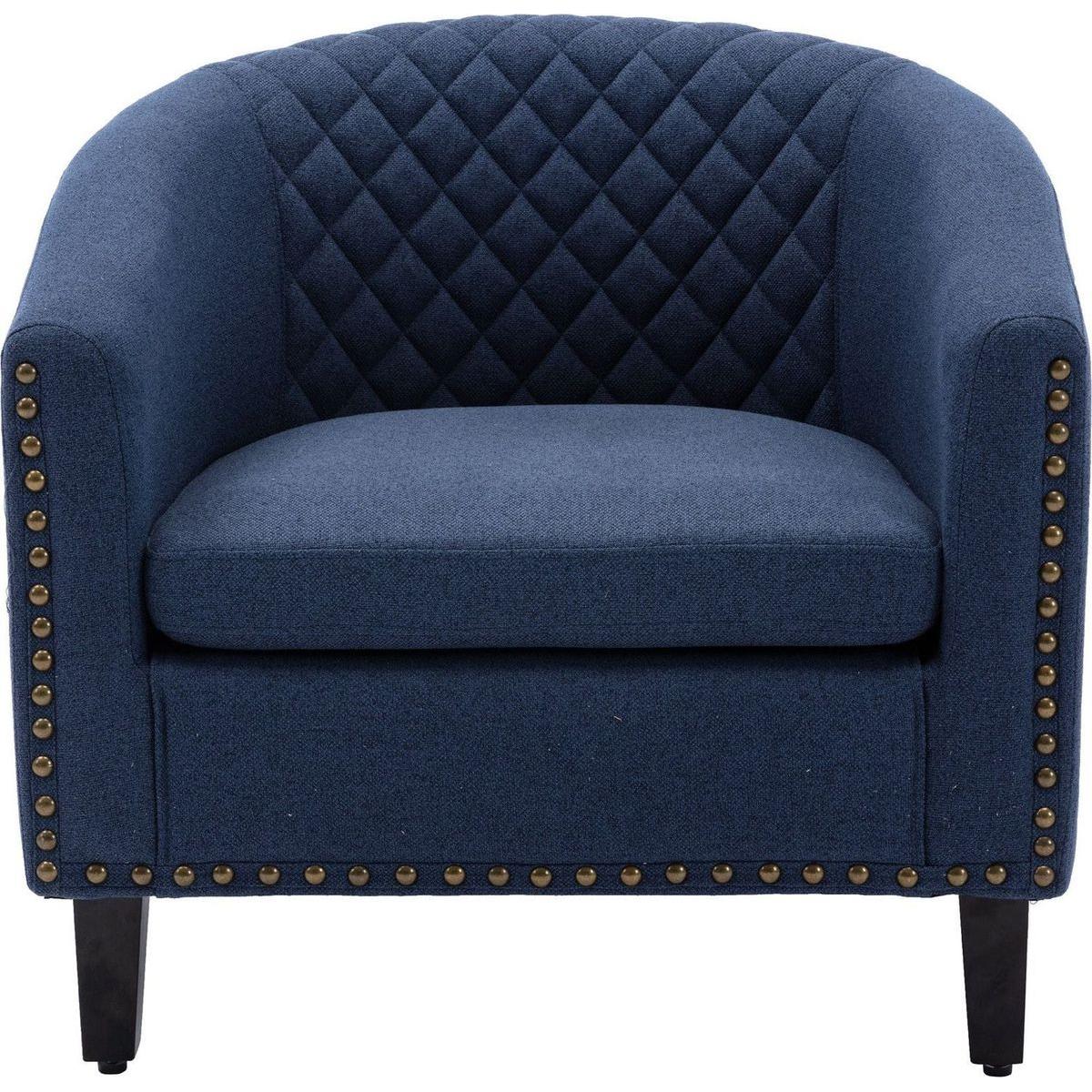 accent Barrel chair living room chair with nailheads and solid wood legs Black Navy Linen