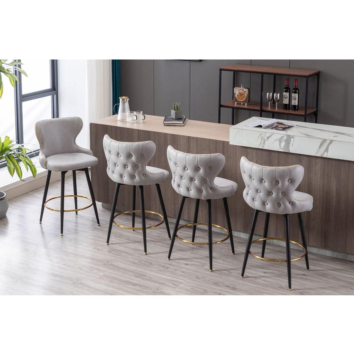 Counter Height 25" Modern Leathaire Fabric bar chairs, 180 degree Swivel Bar Stool Chair for Kitchen, Tufted Gold Nailhead Trim Bar Stools with Metal Legs, Set of 2 (Light Gray)