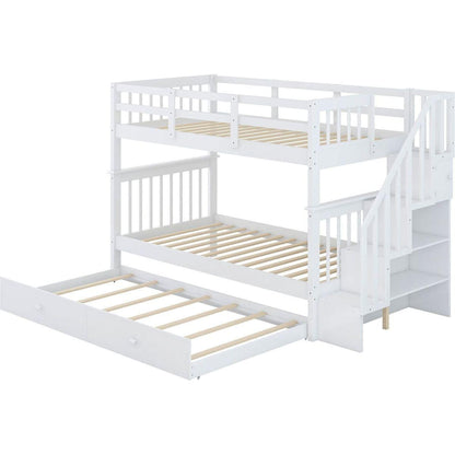 Stairway Twin-Over-Twin Bunk Bed with Twin size Trundle for Bedroom, Dorm, Adults, White () - Streamdale Furniture