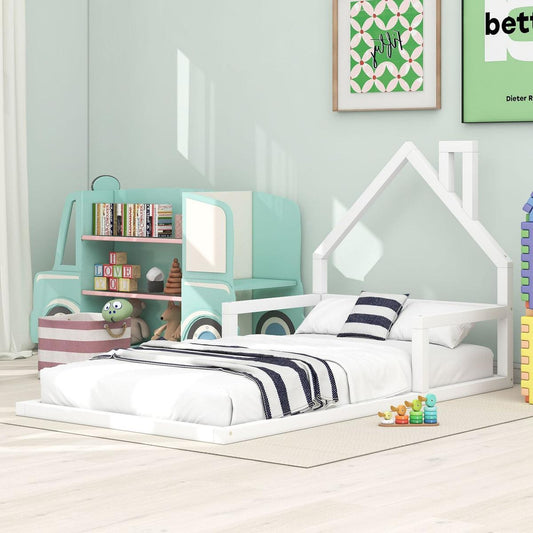 Twin Size Wood Floor Bed with House-shaped Headboard, White - Streamdale Furniture