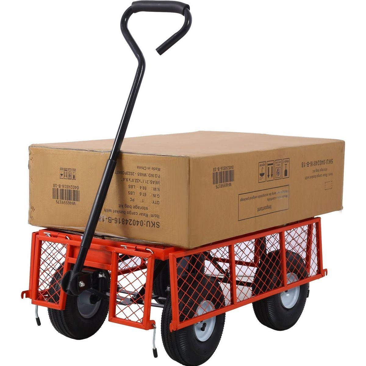 Steel Garden Cart, Steel Mesh Removable Sides, 3 cu ft, 550 lb Capacity, red