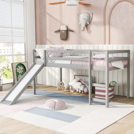 Loft Bed with Slide, Multifunctional Design, Twin (Gray) - Streamdale Furniture