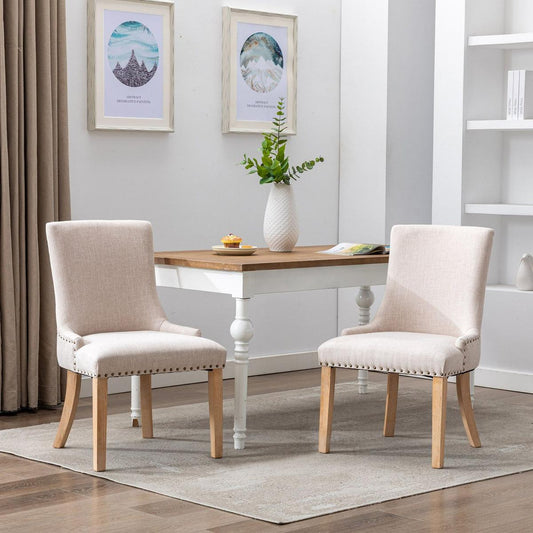 Set of 2 Fabric Dining Chairs Leisure Padded Chairs with Rubber Wood Legs, Nailed Trim, Beige