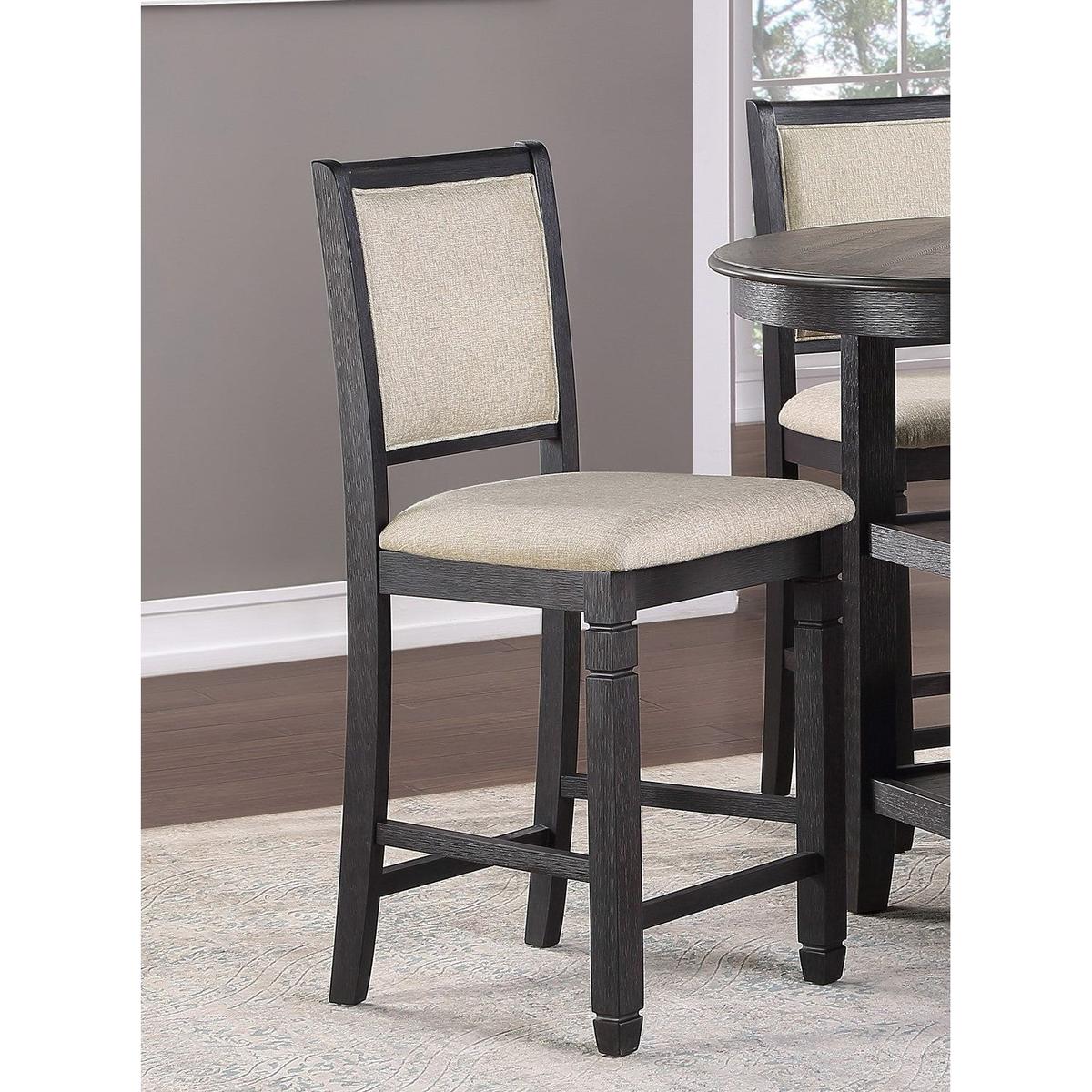 Beautiful Black Finish Wooden Counter Height Chairs 2pcs Set Beige Color Textured Fabric Upholstered Dining Chairs