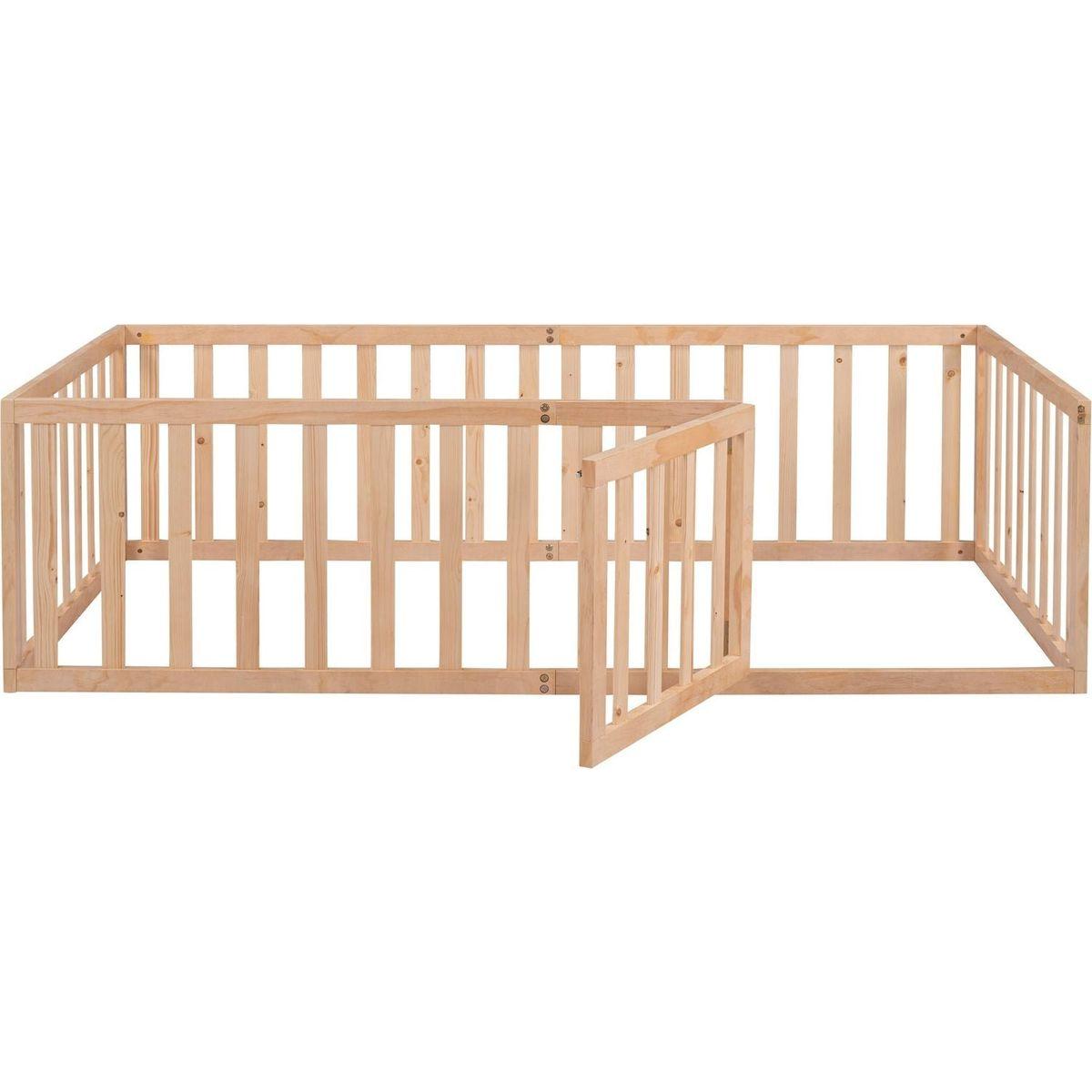 Twin Size Wood Floor Bed Frame with Fence and Door, Natural - Streamdale Furniture