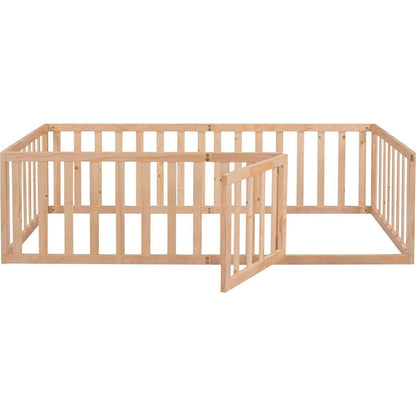 Twin Size Wood Floor Bed Frame with Fence and Door, Natural - Streamdale Furniture