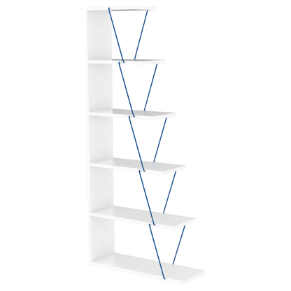 Furnish Home Store Modern 5 Tier Ladder Bookshelf Organizers, Narrow Bookshelf for Small Spaces Office Furniture Bookcase, White/Blue