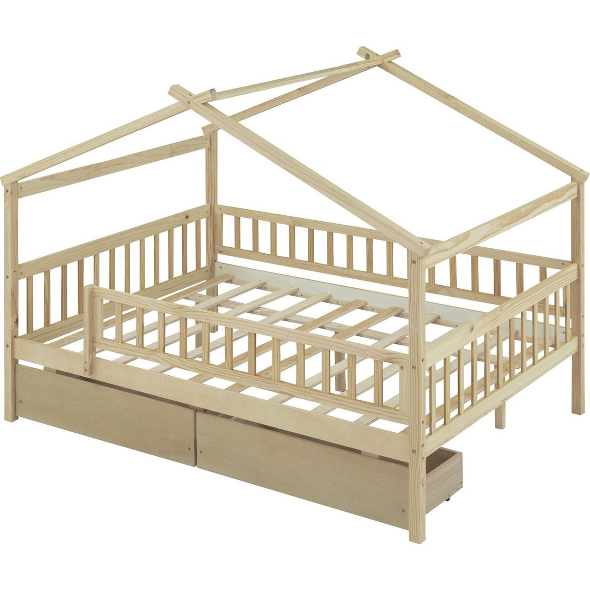 Full Size Wooden House Bed with Two Drawers, Natural