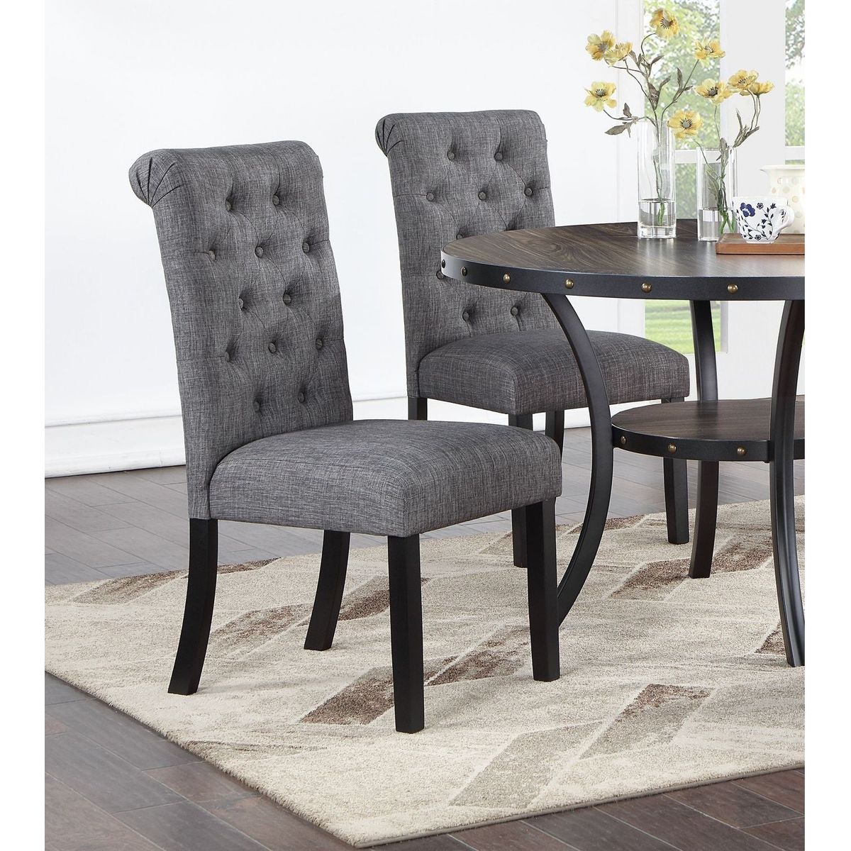 Charcoal Fabric Set of 2 Dining Chairs Contemporary Plush Cushion Side Chairs Nailheads Trim Tufted Back Chair Kitchen Dining Room