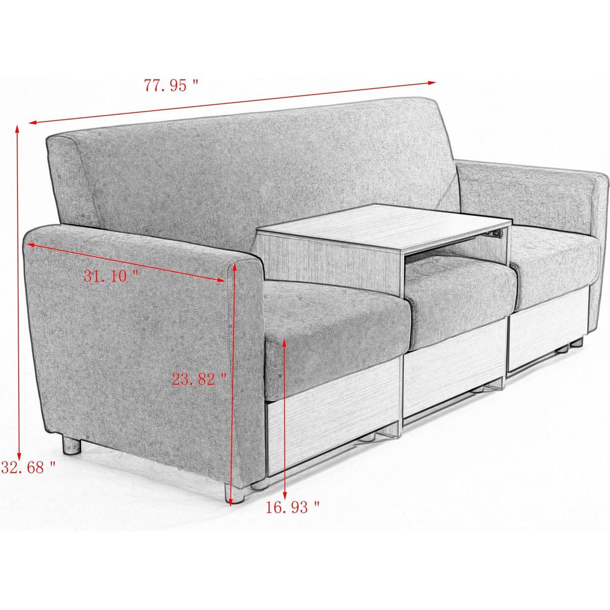 double armrests with coffee table and drawers 77.9" gray chenille living room apartment studio sofa