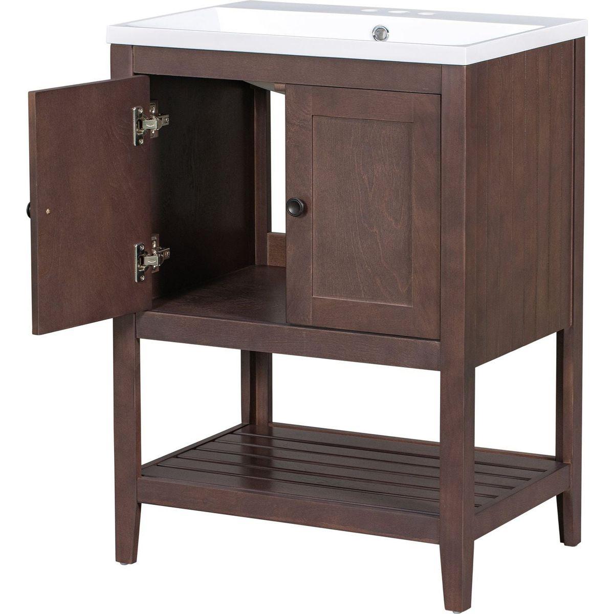 24" Brown Modern Sleek Bathroom Vanity Elegant Ceramic Sink with Solid Wood Frame Open Style Shelf