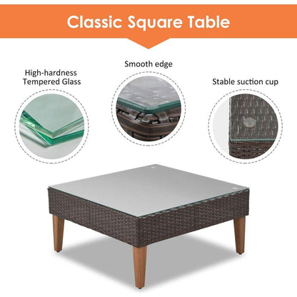 GO 4-pieces Outdoor Wicker Sofa Set, Patio Furniture with Colorful Pillows, L-shape sofa set, Beige cushions and Brown Rattan