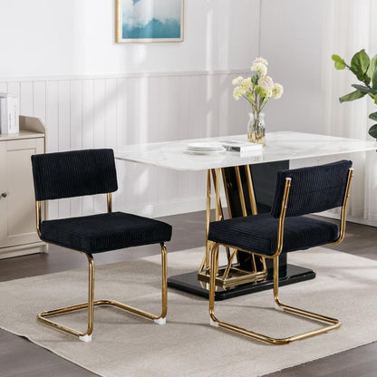 Modern Dining Chairs with Corduroy Fabric, Gold Metal Base, Accent Armless Kitchen Chairs with Channel Tufting, Side Chairs, Set of 2, Black