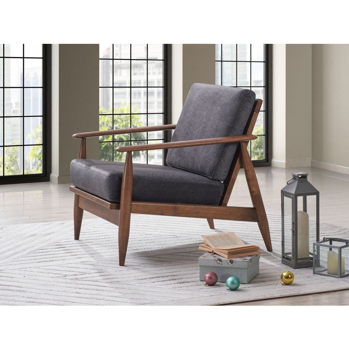 Alisa Accent Chair, Charcoal Fabric & Brown Finish