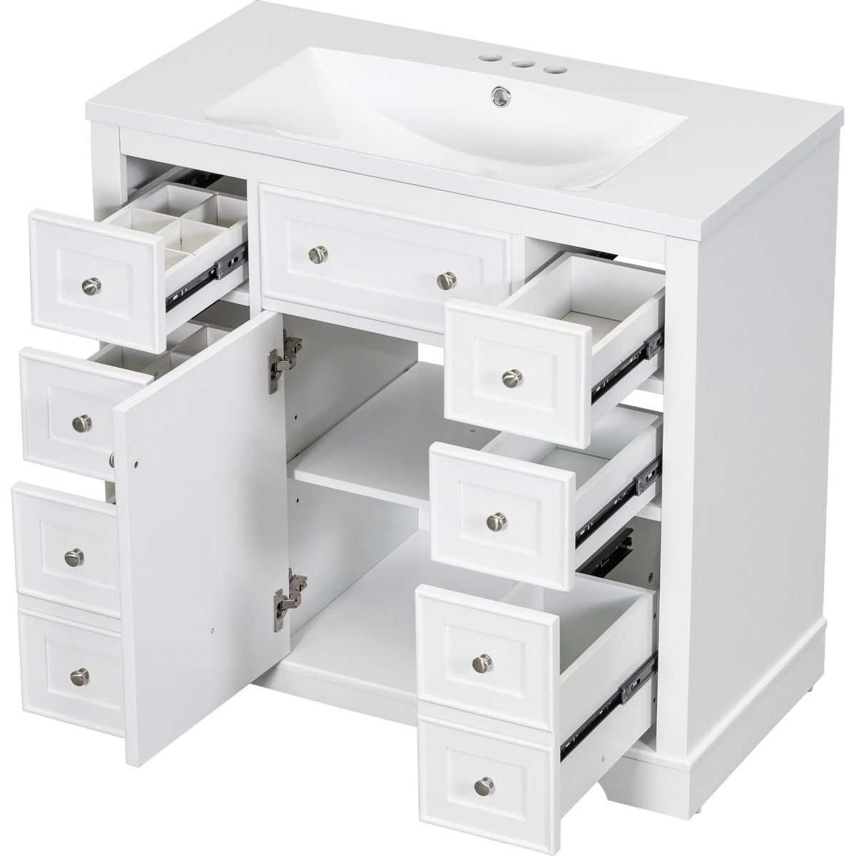 36" Bathroom Vanity with Sink Combo, One Cabinet and Six Drawers, Solid Wood and MDF Board, White