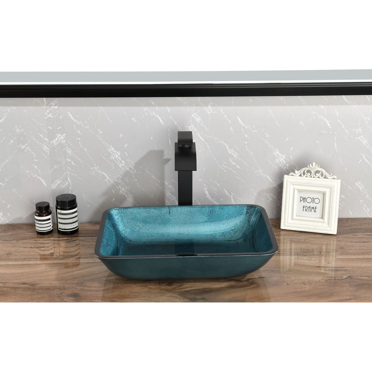 18.125" L -13.0" W -12.0" H Handmade Countertop Glass Rectangular Vessel Bathroom Sink Set in Blue Glass with Matte Black Single-Handle Single Hole Faucet and Pop Up Drain