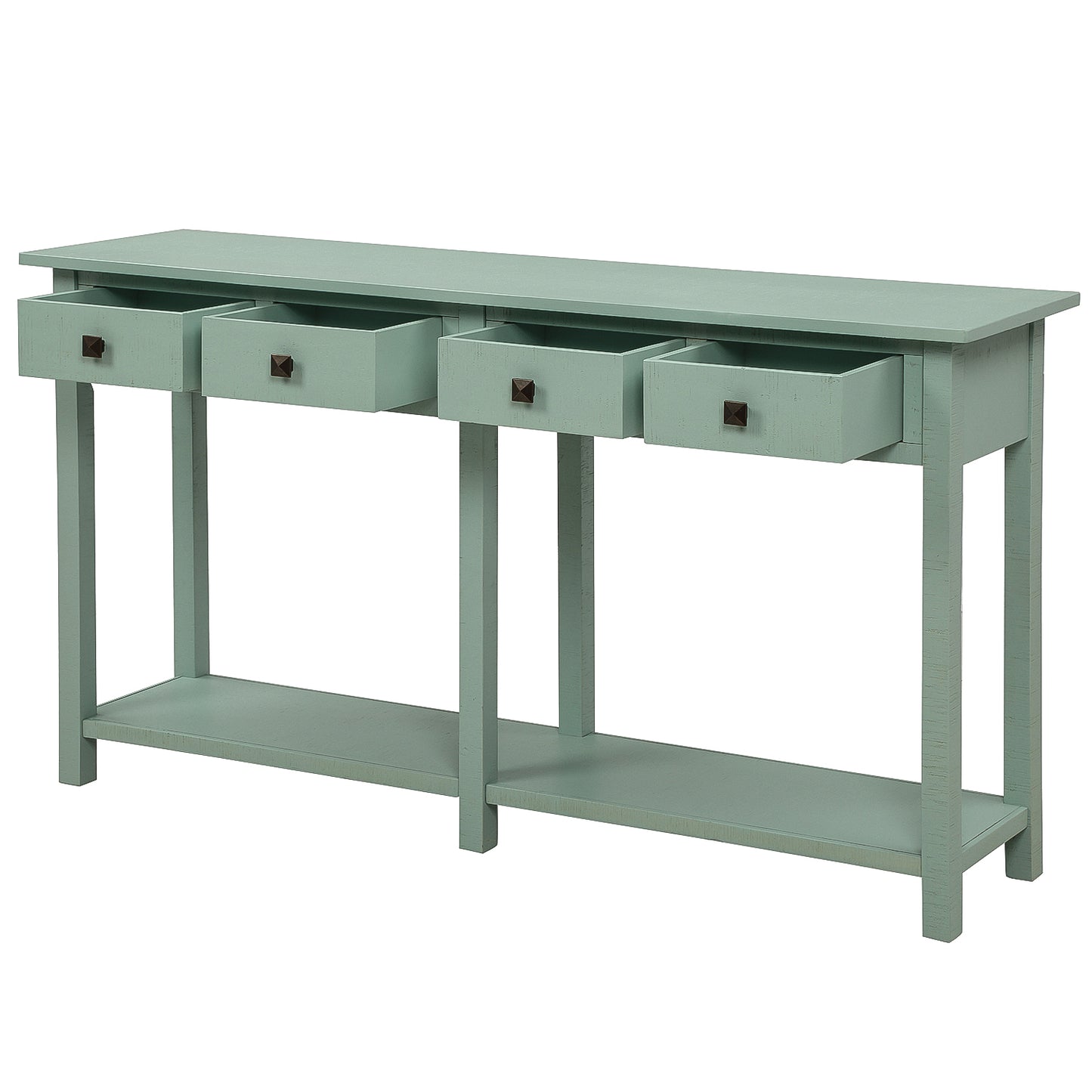 Rustic Brushed Texture Entryway Table Console Table with Drawers and Bottom Shelf for Living Room (Tiffany Blue)