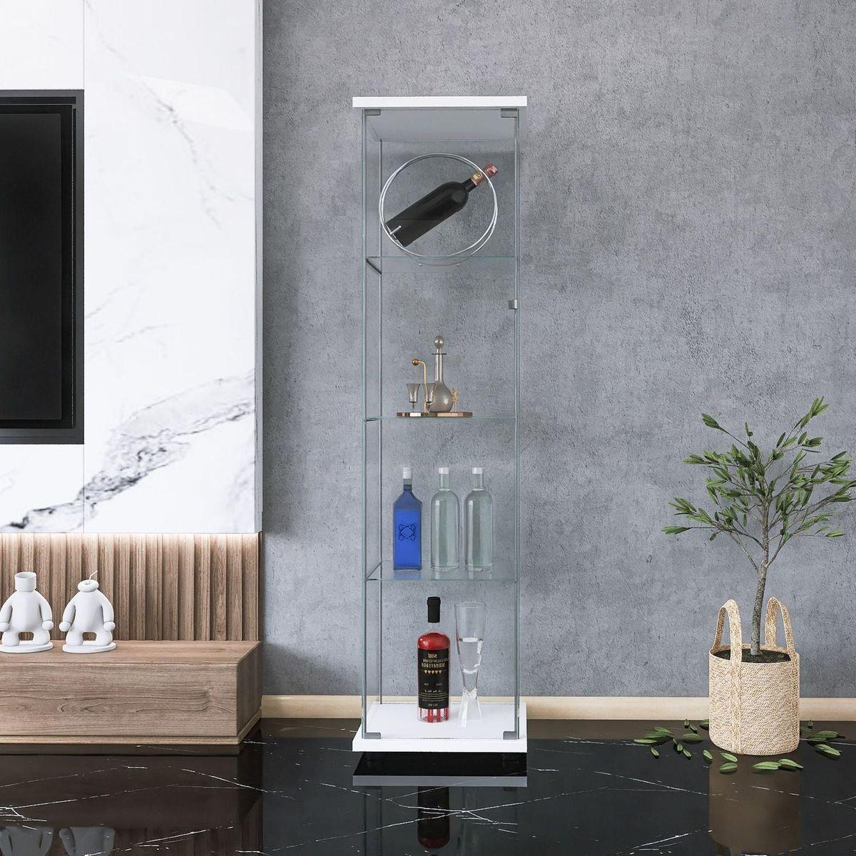 One Door Glass Cabinet Glass Display Cabinet with 4 Shelves, White